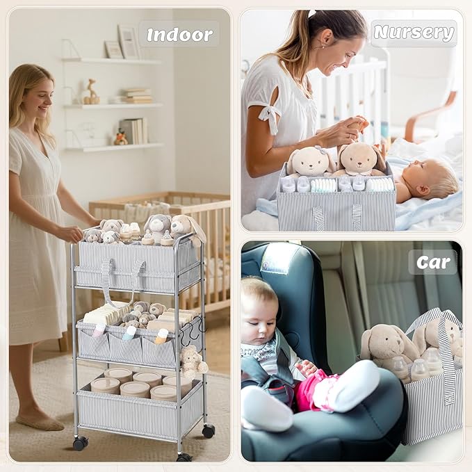 WILLBOND 2 in 1 Baby Diaper Caddy Organizer Cart, 3 Tier Large Stripe Bedside Rolling Cart Metal for Baby Essential with Divider for Newborn Registry Must Have Nursery Bedroom Mother Gift(Gray)