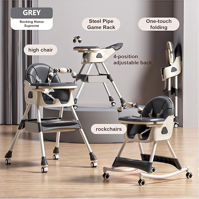 Nine point nine PU Leather High Chairs with Rocking Mode, High Chair for Babies and Toddlers, Easy to Fold Highchair, Adjustable Highchairs with Double Tray (560 Grey)