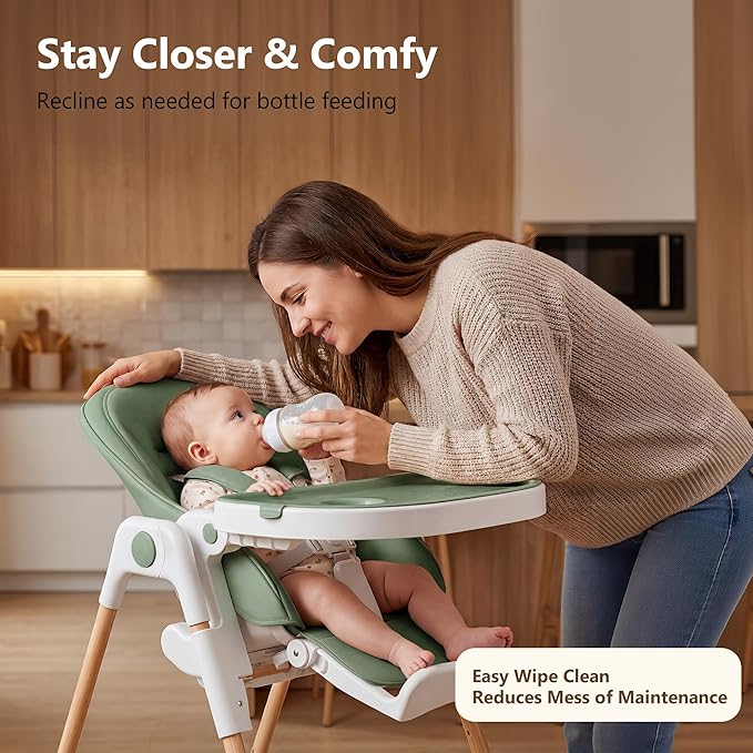 Kinder King Convertible High Chair for Babies & Toddlers, Adjustable Baby Feeding High Chair with Removable Double Tray, Simple Compact Fold for Space-Saving, 2 Built-in Wheels, Easy to Clean