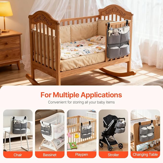Hanging Diaper Caddy for Crib, Diaper Organizer for Changing Table, Bassinet, Stroller, Playpen accessories – Large Capacity Baby Diaper Caddy Organizer with 4 Deep Pockets