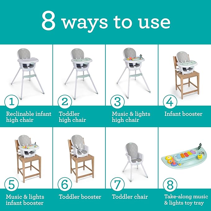 Infantino Music & Lights 8-in-1 Convertible High Chair for Babies & Toddlers, Interactive Lights & Sounds, Removable Legs, Wipe-Clean Seat with Tray, Ages 6 Months+