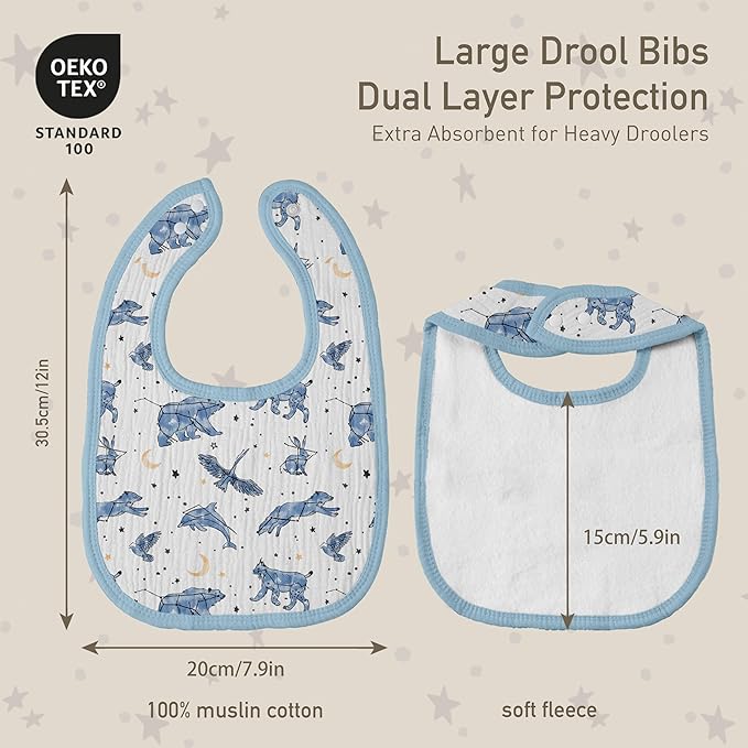 GLLQUEN BABY Muslin Drool Bibs for Boys Girls 8 Pack, Adjustable Baby Bibs for Drooling and Teething, Soft Cotton Baby Bandana Bib for Newborn Feeding Essentials (Star)