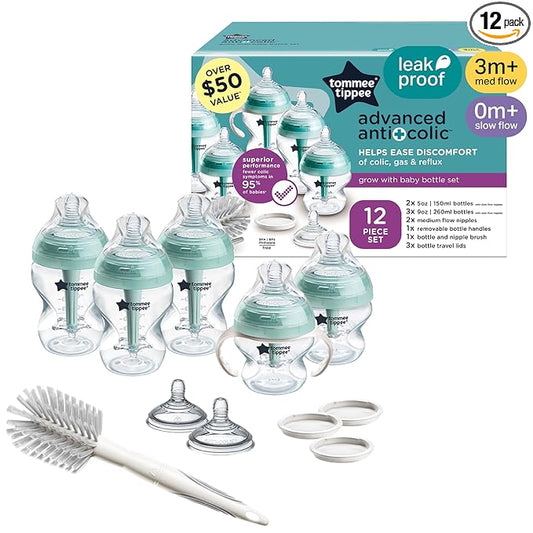 Tommee Tippee Advanced Anti-Colic 12 Piece Set, 5 oz and 9 oz BPA Free Bottles, Newborn 0+ Months, Includes Slow & Medium-Flow Breast-Like Nipples and Bottle Handles and Cleaning Brush