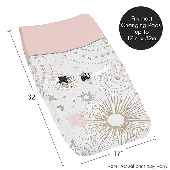 Sweet Jojo Designs Star and Moon Girl Baby Changing Pad Cover – Infant Newborn Diaper Table Change Mat Sheet - Blush Pink Gold and Grey Celestial Sky Stars Shabby Chic