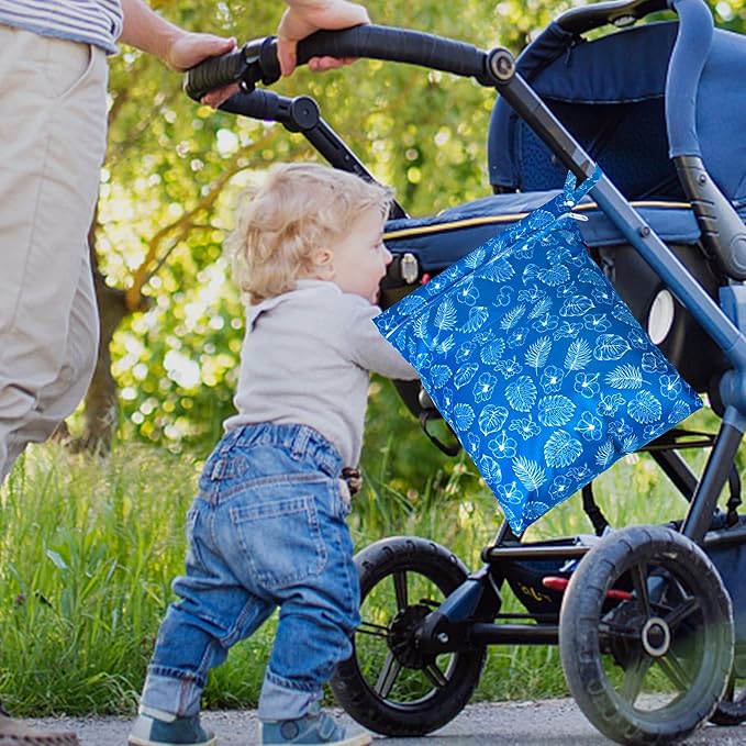 Damero 2 Pcs Wet Dry Bag for Cloth Diaper, Swimsuit, Clothes, Water-Resistant Reusable Wet Bag for Travel, Exercise, Beach, Pool, Daycare, Blue Flowers