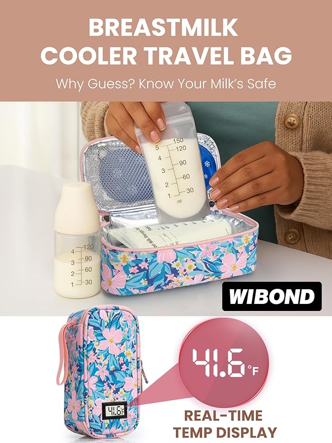 Breast Milk Cooler Travel Bag, Real-Time Temperature Display, Holds 4-6 Breastmilk Storage Bag with 2 Breast Milk Ice Pack, Cooling & Waterproof Portable Cooler for Moms on the Go (Pink Flower)