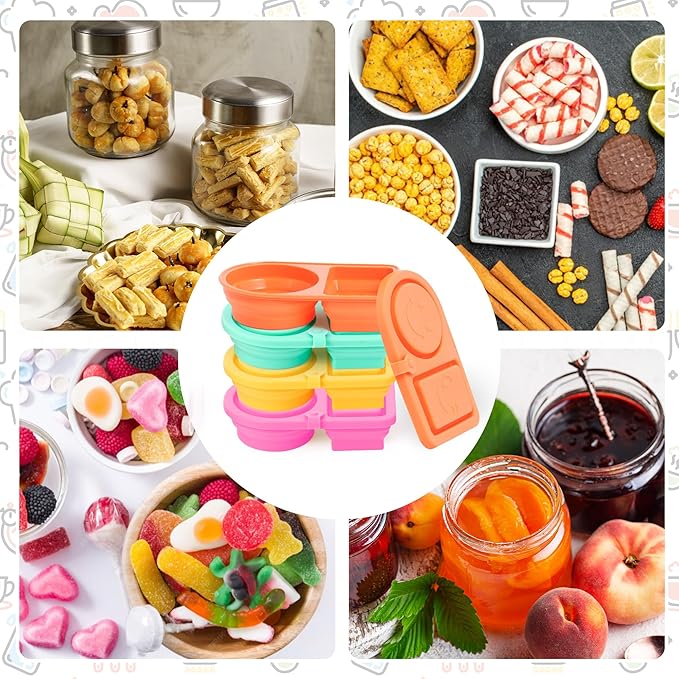 Silicone Reusable Snack Containers - 4PCS Double Compartment Snackle Box with Lids for Kids & Adults, Portable Leakproof Food Storage Boxes for Salad Dressing, Sauces, Picnic, Travel