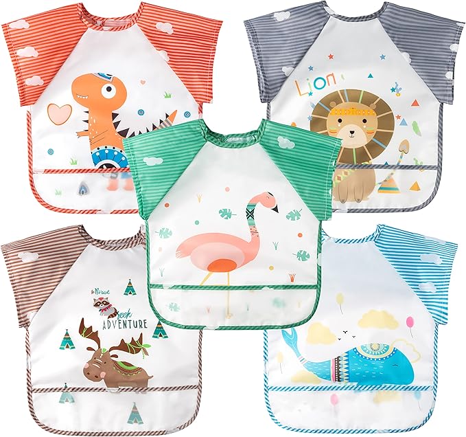 R HORSE 5Pcs Short Sleeved Bib for Baby Toddlers Waterproof Sleeved Infants Feeding Bib with Crumb Capacity Pocket Baby Shower Birthday Gifts for Boy Girl 0-36 Months