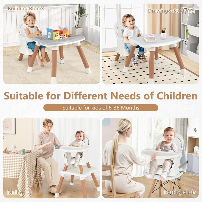 INFANS 8 in 1 Baby High Chair, Convertible Highchair for Babies and Toddlers, Infant Dining Booster Seat, Building Block Table, Kids Stool Table Chair Set with Removable Tray