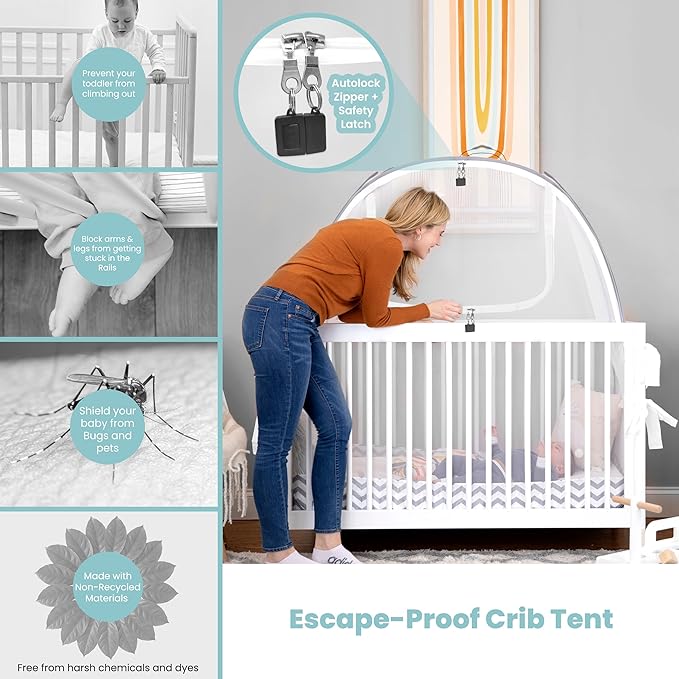 Crib Tent to Keep Baby from Climbing Out – Breathable Pop-Up Crib Net to Keep Baby in, Anti-Climb Safety Cover with Auto-Lock Zipper, Easy Install Fits Standard Cribs