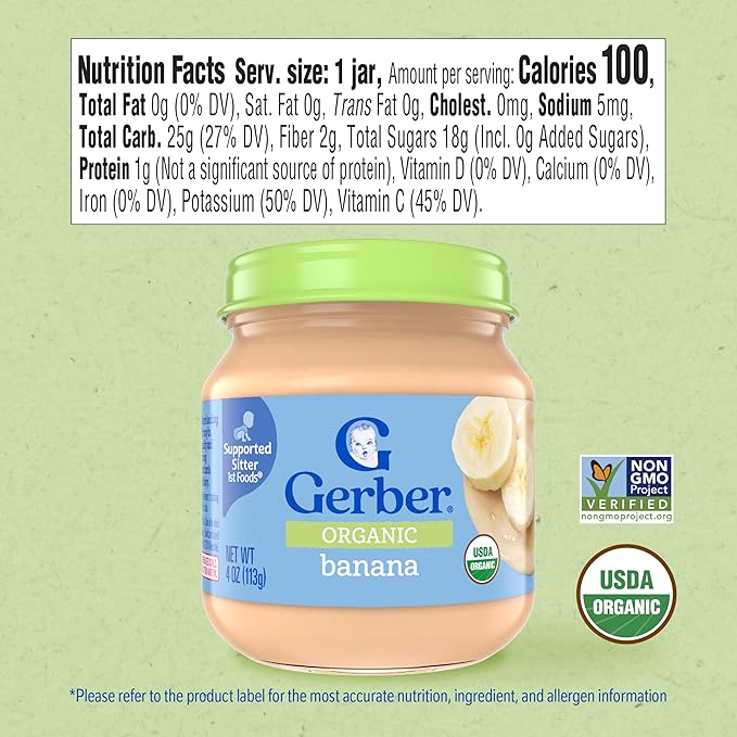 Gerber Stage 1 Baby Food, Organic Banana Jar, Fruit Baby Food, Banana Puree, Non-GMO, 10PK