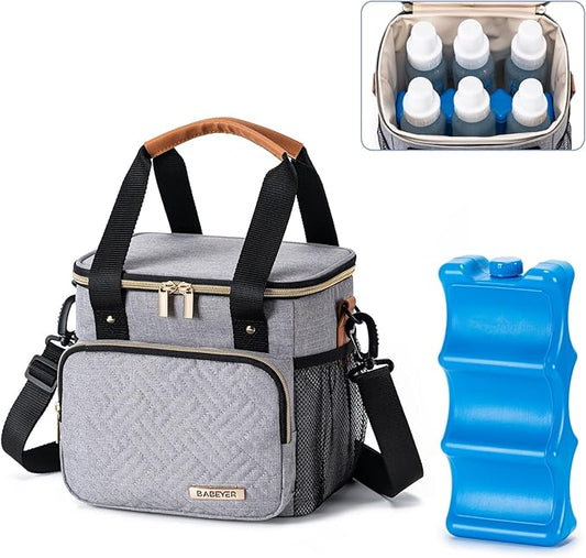 Breastmilk Cooler Bag with Ice Pack Fits 6 Baby Bottles up to 9 Ounce, Breast Milk Pump Cooler Bag for Nursing Mom Daycare, Work, Travel-Light Grey