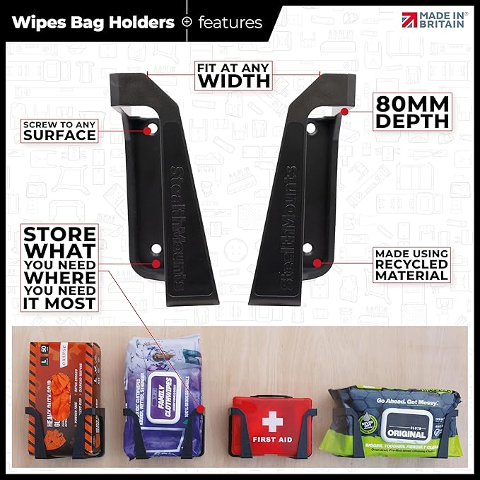 StealthMounts Wipe Holder – 2 Pack Wall Mount Wipe Dispensers & Storage Racks for Workshop, Garage & Cleaning Stations – Made in The UK