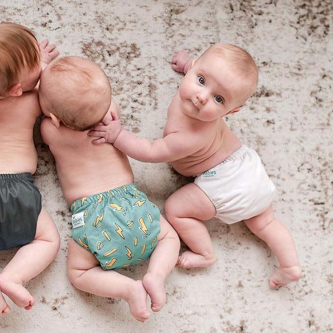 7-Pack Reusable Cloth Diapers with AWJ Interior – Includes 14 Absorbent Inserts and 1 Wet Bag – Adjustable, Waterproof, and Washable (Bright Beginnings, Charcoal Inserts)