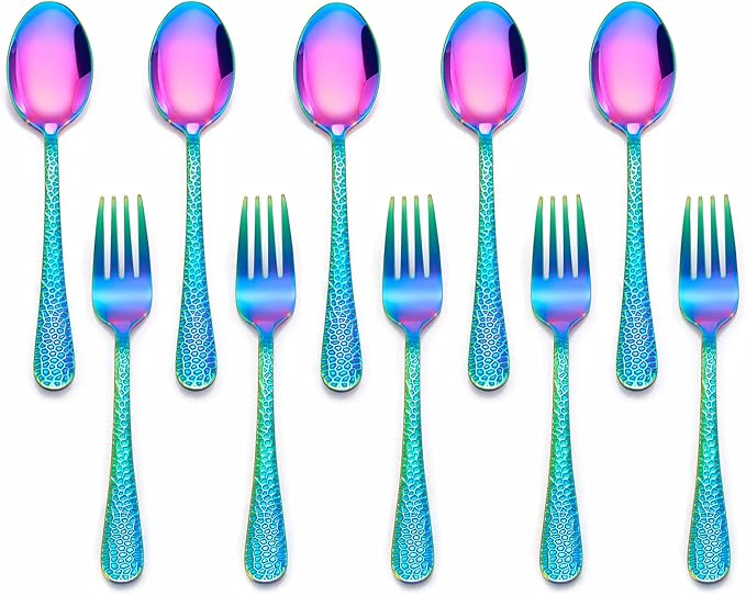 LIANYU 10-Piece Kids Silverware Set, Rainbow Toddler Utensils Flatware Set, Stainless Steel Child Preschooler Cutlery Set, Includes 5 Kids Spoons, 5 Kids Forks, Dishwasher Safe