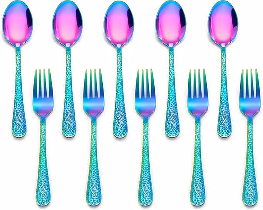 LIANYU 10-Piece Kids Silverware Set, Rainbow Toddler Utensils Flatware Set, Stainless Steel Child Preschooler Cutlery Set, Includes 5 Kids Spoons, 5 Kids Forks, Dishwasher Safe