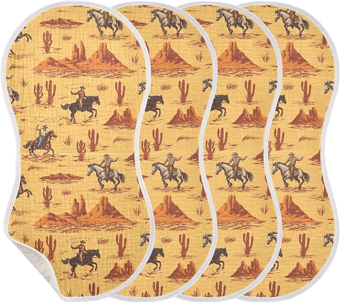Muslin Burp Cloths for Baby Boys and Girls - 4-Pack Ultra Absorbent Western Desert Cowboy Muslin Washcloths, Newborn Towel, Milk Spit Up Rags, Burp Cloth Bib for Unisex, 22 x 11 Inch