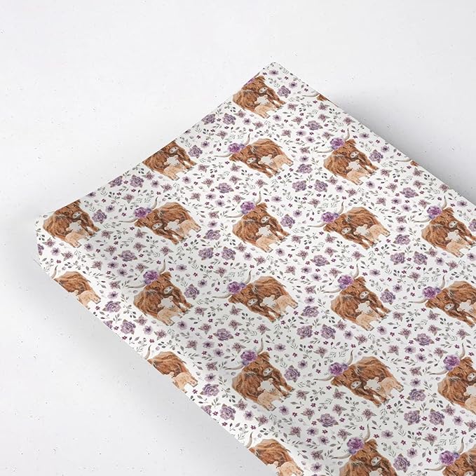 Watercolor Western Farm Cows Flowers Floral Pattern Baby Changing Pad Cover, Unisex Highland Cow Nursery Diaper Changing Table Pad Mat Sheet for Boys Girls-16x32