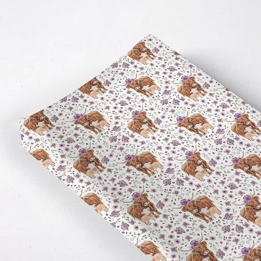 Watercolor Western Farm Cows Flowers Floral Pattern Baby Changing Pad Cover, Unisex Highland Cow Nursery Diaper Changing Table Pad Mat Sheet for Boys Girls-16x32