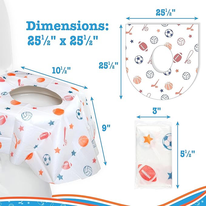 Potty Shields Toilet Seat Covers Disposable (6 Pack, Sports) - XL Waterproof Toilet Cover for Toddlers, Kids & Adults - Portable & Individually Wrapped for Travel, Potty Training & Public Restrooms