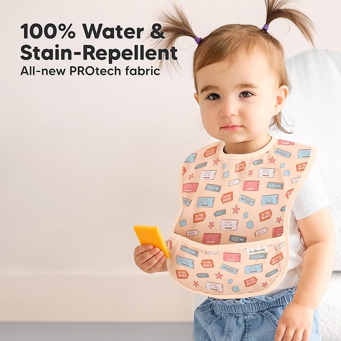 KeaBabies 3-Pack Waterproof Baby Bibs for Eating - Lightweight Toddler Feeding Bibs with Large Food Catcher, Mess Proof, Food-Grade Baby Eating Essentials, Easy to Put On & Clean (Beach Day)