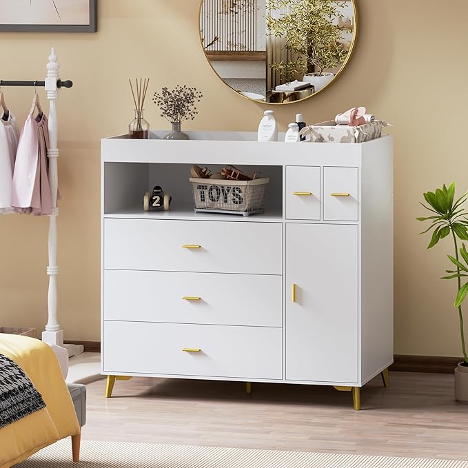 PakaLife Changing Table with Drawers, White Drawer Dresser,Changing Table Dresser with 5 Drawer & Cabinet…