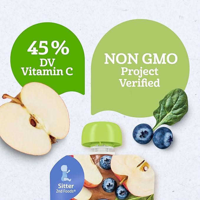 Gerber Stage 2 Baby Food, Organic Apple Blueberry Spinach Puree Pouch, 2 Servings of Fruit & Veggie, No Added Sweetener, No Artificial Colors or Flavors, 12-Pack
