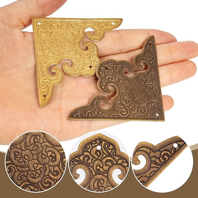 Antique Brass Decorative Box Corner Protector, 4Pcs Wooden Jewelry Gift Box Cabinet Chest Accessories Guard Edge Cover Flat Corner Brace (Bronze, Printing Pattern)
