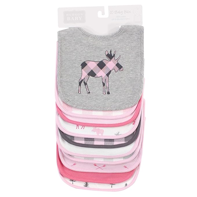 Hudson Baby Unisex Baby Cotton Bibs, Pink Plaid Moose, One Size