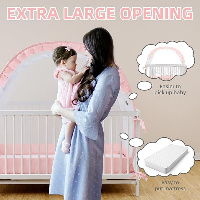 Lazyzzzz Crib Tent - Pop Up Crib Canopy with Double Zipper Self-Locked, Mosquito Net Mesh Crib Net to Keep Baby from Climbing Out, Portable Easy Install 55" L x 27" W x 51" H Pink