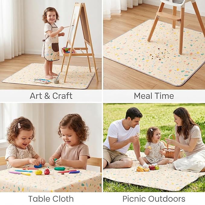 Splat Mat for Under High Chair/Arts/Crafts by CLCROBD, 51" Baby Anti-Slip Food Splash and Spill Mat for Eating Mess, Waterproof Floor Protector and Table Cloth (Beige)