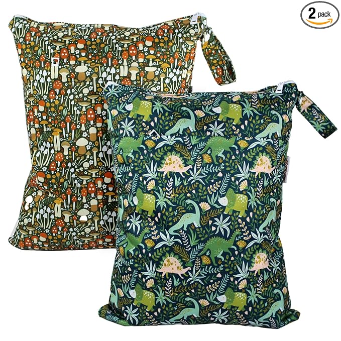 Mama Koala Wet Dry Bags, Portable Washable Reusable Baby Cloth Diapers Bags, 2pcs Medium Size for Travel Beach Laundry Pool Gym Yoga (WB-Forest)