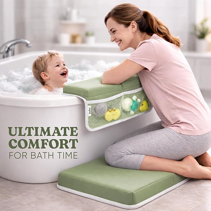 Rylor Premium Baby Bath Kneeler Mat & Elbow Rest Pad Set – Comfortable Bath Kneeler and Elbow Kneeling Rest Pad for Parents, Extra Long 26'', 2.4'' Thick, Non-Slip Support for Easy Bath Time (Green)
