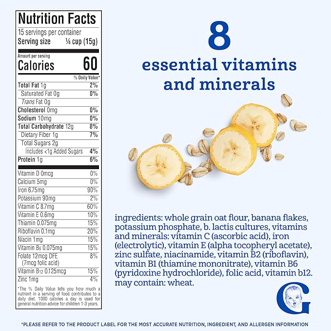 GERBER CEREAL FOR BABY GRAIN AND GROW Toddler Oatmeal Banana Probiotic BL 5x8oz