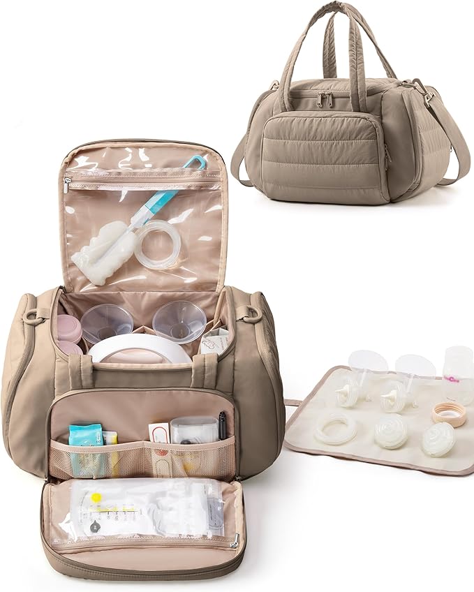 Marscamd Quilted Breast Pump Bag Compatible with Spectra S1 and S2, Pumping Bag with Cooler Compartment and a Drying Mat, Camel