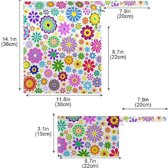visesunny Colored Little Flower 2Pcs Wet Bag with Zippered Pockets Washable Reusable Roomy for Travel,Beach,Pool,Daycare,Stroller,Diapers,Dirty Gym Clothes, Wet Swimsuits, Toiletries