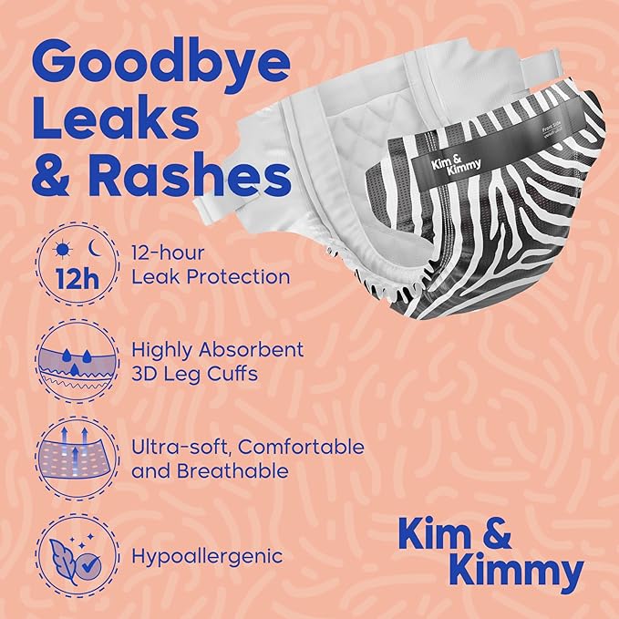 Kim & Kimmy Eco Diapers, Size 4, 20-31 lbs, 52 Diapers - 12 Hour Leak Protection, No Rashes, Hypoallergenic, Ultra-Soft & Highly Absorbent - Cruelty Free & Vegan - Zebra