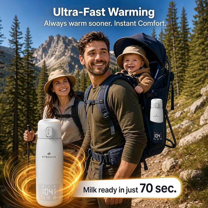 Portable Bottle Warmer for Travel & Night Feeding, Baby Milk Warmer with Built-in Sterilizer, 70 Sec Breast Milk Warming, 2 Min Formula Water Heating, 14,000mAh Battery, 15+ Feeds, 17 oz Capacity