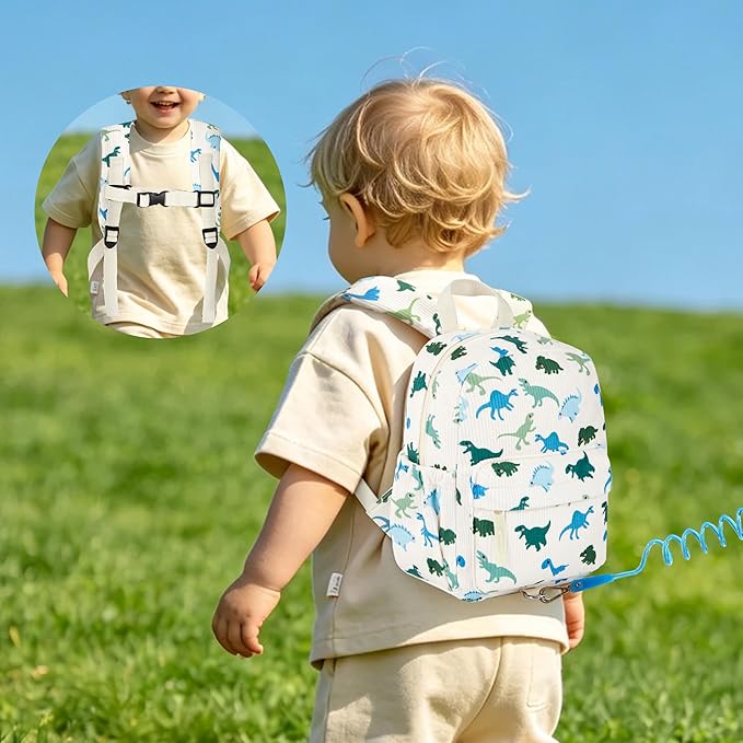 Corduroy Toddler Backpack with Detachable Leash and Anti-Lost Wrist Link, Safety Harness Walking Backpack for Toddler Boys Girls 1-3, Cute Dinosaur Travel Backpack with Leash for Kids