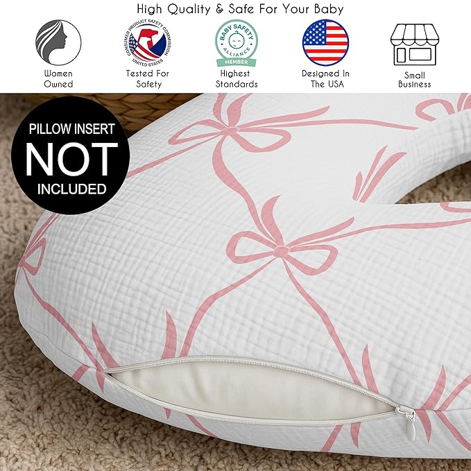Sweet Jojo Designs Muslin Nursing Pillow Cover (Pink Bows) for Baby Girls, Newborn, Infant 100% Cotton Breastfeeding Pillowcase - PILLOW NOT INCLUDED (Elegant, Bow for the Ballerina Ballet Collection)