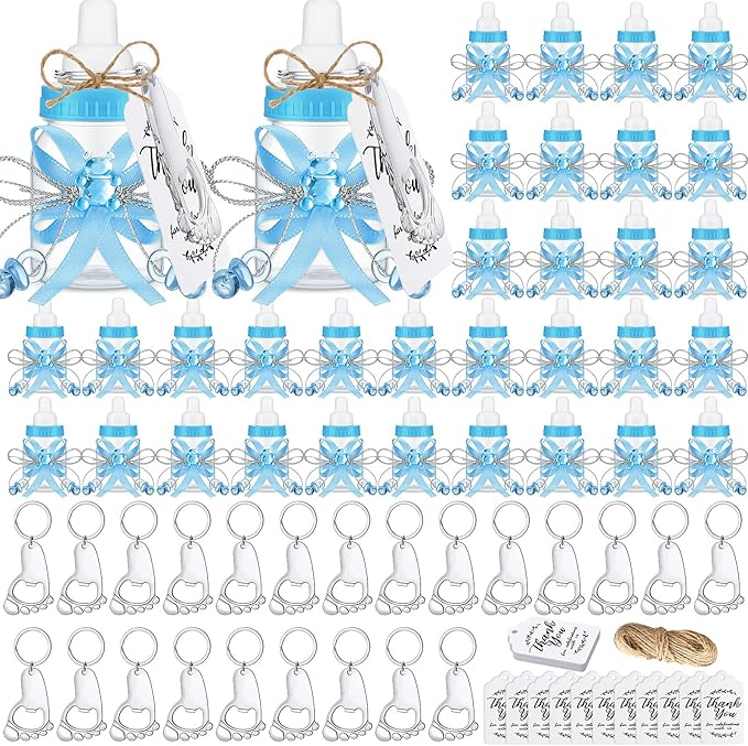 Sunnyray 150 Pcs Baby Shower Party Gift Bottles Games 50 Mini Milk Baby Bottles 50 Footprint Bottle Openers 50 Thank You Tag for Girl Boy Baby Shower Party Guest Return Gifts(Blue, Silver)