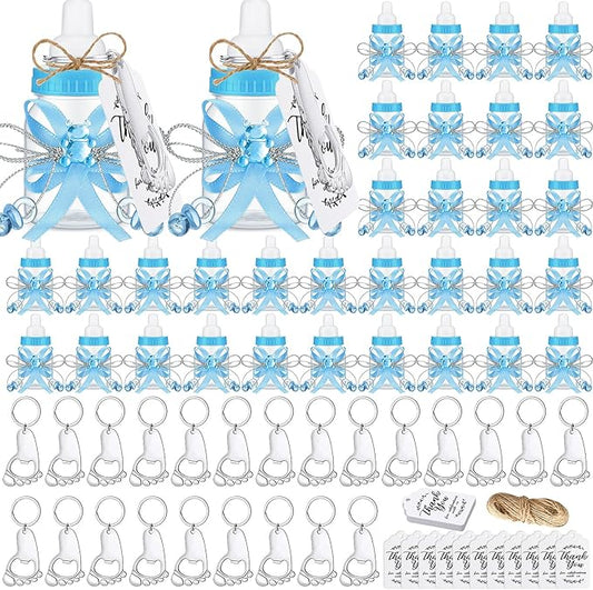 Sunnyray 150 Pcs Baby Shower Party Gift Bottles Games 50 Mini Milk Baby Bottles 50 Footprint Bottle Openers 50 Thank You Tag for Girl Boy Baby Shower Party Guest Return Gifts(Blue, Silver)
