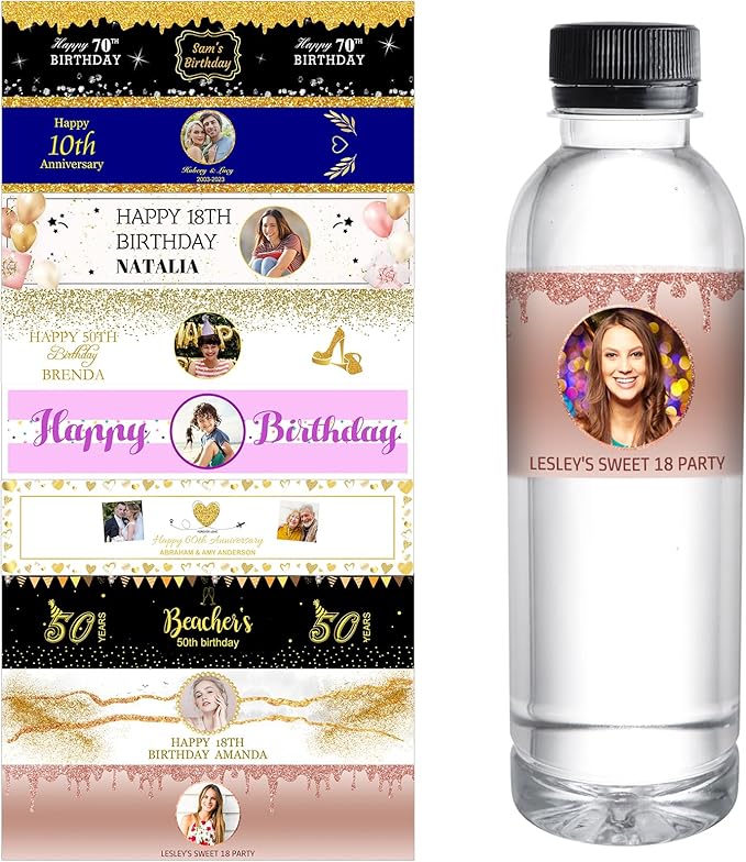 Personalized Water Bottle Labels for Birthday Anniversary Custom Happy Birthday Labels with Name for Water Bottle Stickers Waterproof Printable Photo Bottle Labels Gifts 50 Pcs