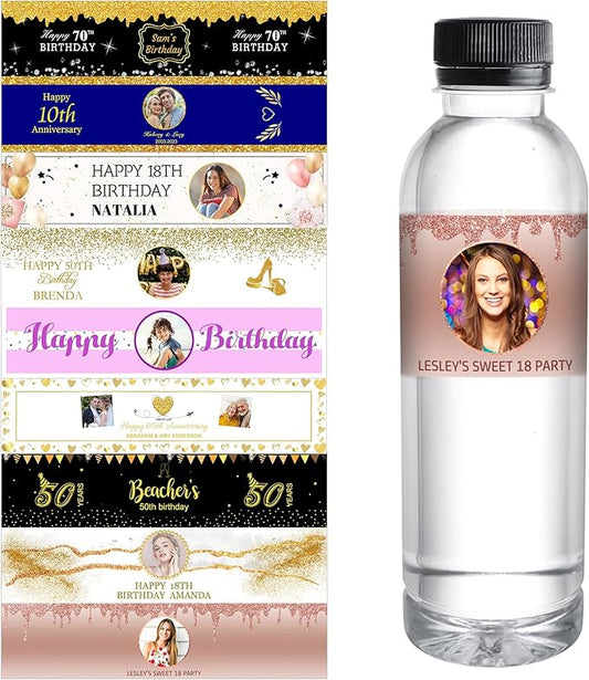 Personalized Water Bottle Labels for Birthday Anniversary Custom Happy Birthday Labels with Name for Water Bottle Stickers Waterproof Printable Photo Bottle Labels Gifts 50 Pcs