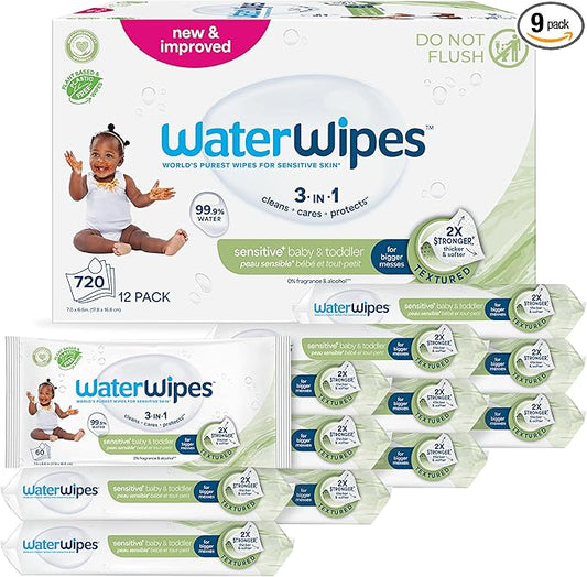 WaterWipes Sensitive+ Baby & Toddler Wipes, 3-In-1 Cleans, Cares, Protects, 99.9% Water, Textured Clean, Unscented & Hypoallergenic, 540 Count (Pack of 9)