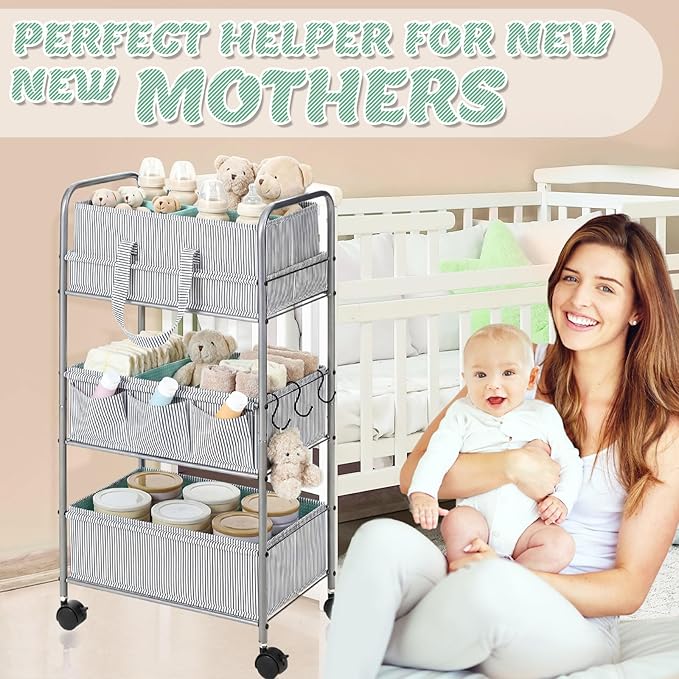 WILLBOND 2 in 1 Baby Diaper Caddy Organizer Cart, 3 Tier Large Stripe Bedside Rolling Cart Metal for Baby Essential with Divider for Newborn Registry Must Have Nursery Bedroom Mother Gift(Green)