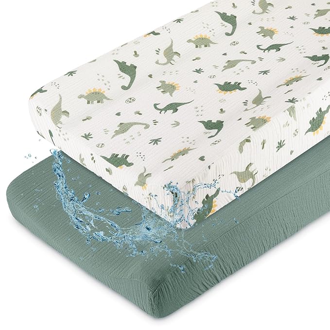 Basumee Muslin Changing Pad Cover Waterproof 2 Pack Baby Changing Table Covers for Boys and Girls Soft Breathable Nursery Diaper Change Table Cover Pad Fits 32"x16", Green Dinosaur