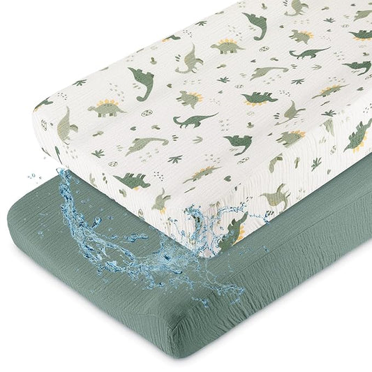 Basumee Muslin Changing Pad Cover Waterproof 2 Pack Baby Changing Table Covers for Boys and Girls Soft Breathable Nursery Diaper Change Table Cover Pad Fits 32"x16", Green Dinosaur