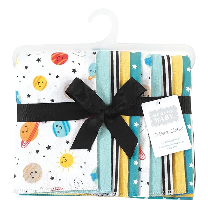 Hudson Baby Unisex Baby Cotton Flannel Burp Cloths, Happy Planets 10 Pack, One Size