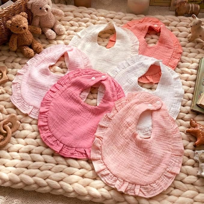 Kenning 18 Pcs Muslin Drool Baby Bibs Ruffle Absorbent Bib with Snap Button Boy Girl for Drooling Teething Infant Newborn